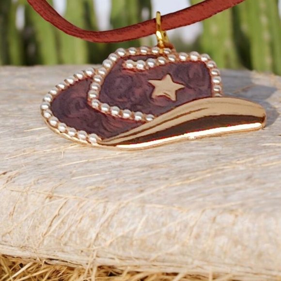 Faux Leather Cord Cowboy Hat Charm Choker Necklace Cowgirl Western Southwestern - Picture 6 of 12